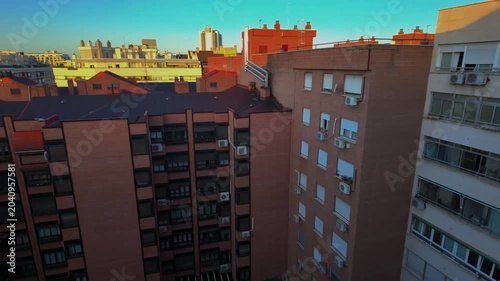 Panoramic view of residential buildings and real estate in Madrid, Spain, featuring flat houses and urban architecture in the Atocha district of the Spanish capital.