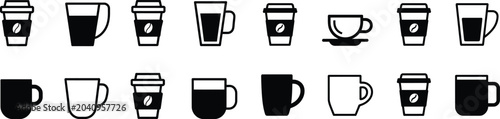Selection of coffee cup and mug icons showcasing takeout containers and ceramic drinkware in various solid and outline graphic styles for cafe branding.