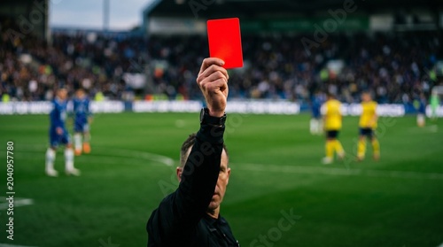 Football referee showing a red card during a match, signaling a foul or expulsion from the game