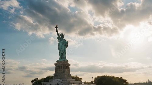 Statue of Liberty in New York at sunset — majestic symbol of freedom, immigration, and the American Dream