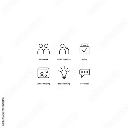 Business discussion and teamwork line icon set vector