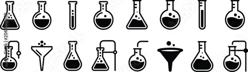Laboratory glassware icons including flasks beakers test tubes and funnels for chemistry science experiments and medical research education.
