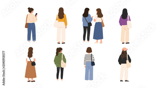 Schilderij op canvas Back view set of casually dressed women standing figures