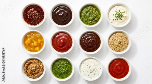 Assorted gourmet sauces and condiments in white bowls, collection of 12 colorful dips and dressings, top view of food flavorings on white background