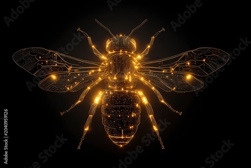 Glowing honeybee formed by digital circuits and golden lights against a dark background in sharp macro focus for technology and ai marketing