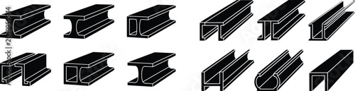 Set of black silhouette steel beam icons. industrial girder profiles in various shapes and forms. construction material vector collection.