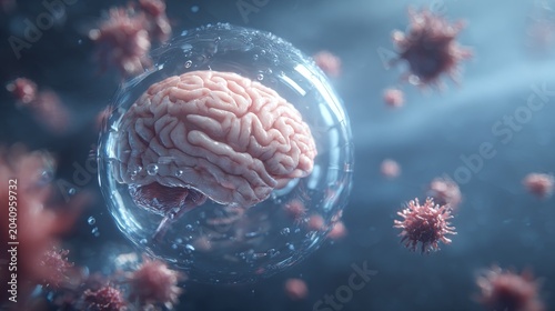 Human brain protected by shield against floating viruses in blue space
