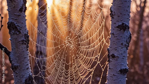 A delicate spider web hangs between two white tree trunks