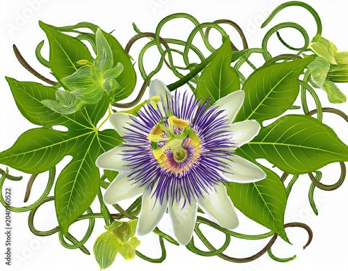 passionflower with leaves and creeper isolated on white