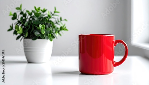Red mug and green plant on white surface with soft background