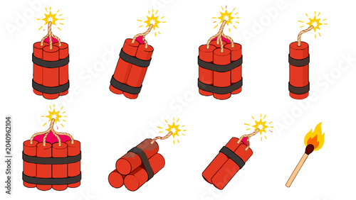 Bilde på lerret Set of red dynamite bundles with burning fuses and match