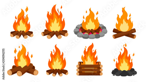 Bild auf Leinwand Set of campfire icons with flames logs and stone fire pits