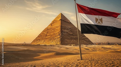 Egyptian flag against the Great Pyramid of Giza at sunset — symbol of ancient Egypt’s eternity and national pride