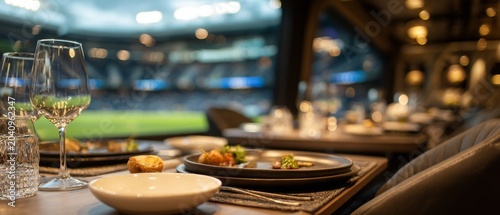 Elegant dining setup overlooking a brightly lit sports stadium
