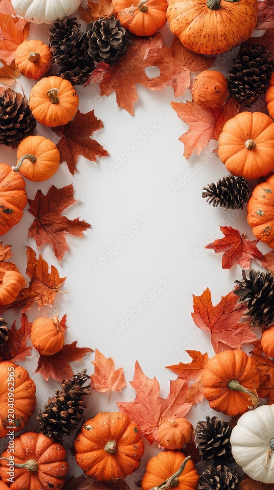 Fototapeta premium Autumn bounty border of pumpkins, pinecones, and vibrant leaves