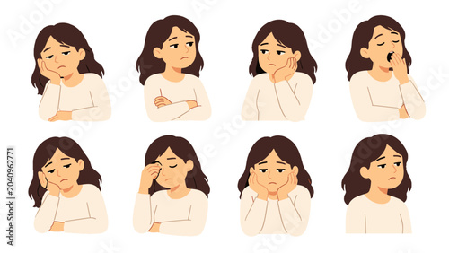 Photos Set of tired woman poses with sleepy and bored expressions