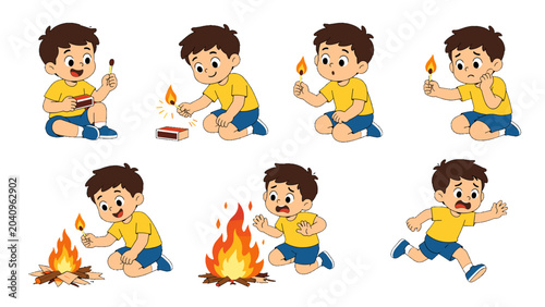 Cuadro en lienzo Cartoon boy lighting a match and reacting to a growing fire