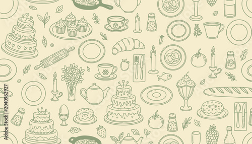 Obraz na płótnie Seamless pattern with hand drawn cafe dining elements like cakes tea sets cutlery pastries and plants in elegant green line art on soft beige background