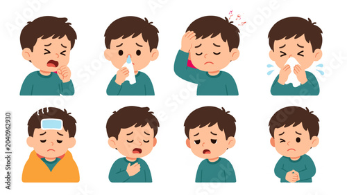 Foto Cartoon boy showing cold and flu symptoms set