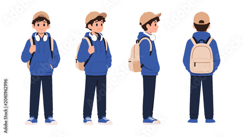 Εκτύπωση καμβά Student boy character with backpack shown from multiple views