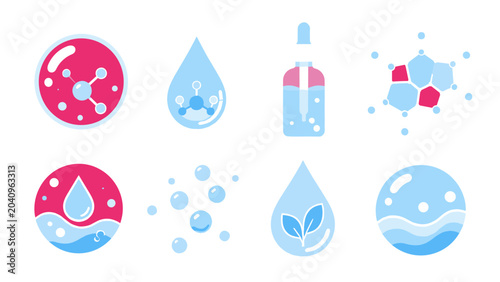Bild auf Leinwand Water science and skincare vector icon set in blue and pink