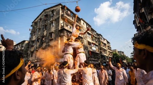 Dahi handi festival celebration in mumbai india human pyramid attempt