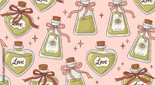 Foto Magic love elixir potion bottles seamless pattern mystic charm background with sparkling stars aesthetic romance illustration
