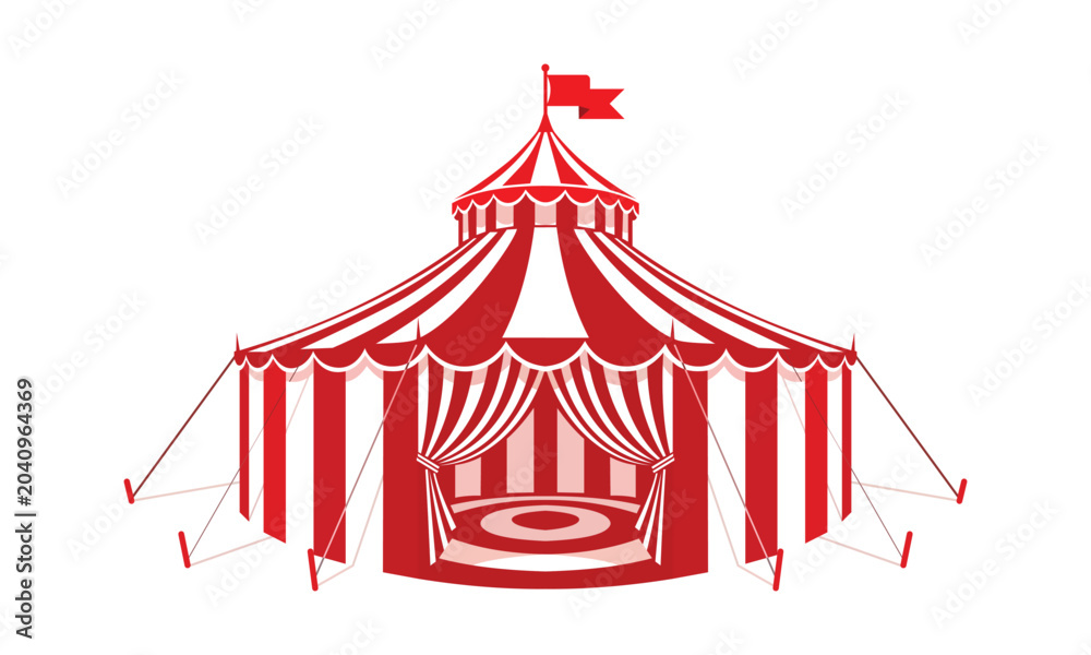 Fototapeta premium Red and white striped circus tent with a flag on top