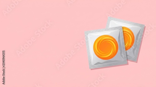 Two individually wrapped condoms on a pastel pink surface