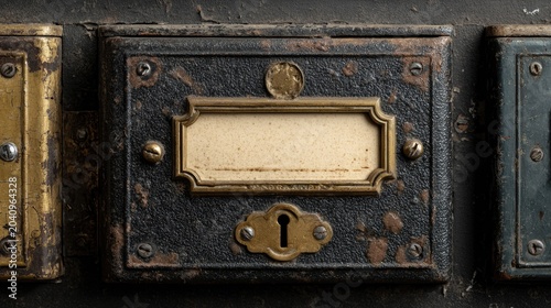 Close-up of an antique, ornate metal compartment with keyhole and label holder