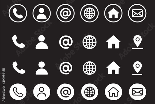 Contact information icon set with blue business card and website symbols for phone, email, address, and online details.