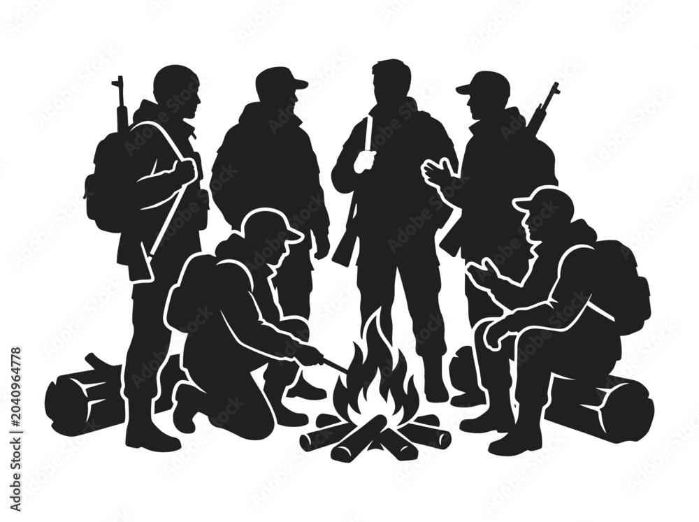Obraz premium Black silhouette of male hunters or soldiers gathered by a warm campfire on white background