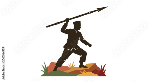 Traditional warrior silhouette with spear in dynamic action pose wearing cultural attire on a white background