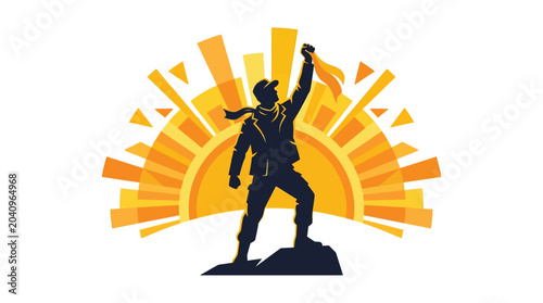 Triumphant man silhouette standing on a peak raising arm against a vibrant stylized sunburst symbolizing success