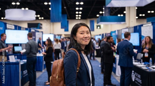 Smiling young Asian woman with backpack at a busy job fair or trade show.