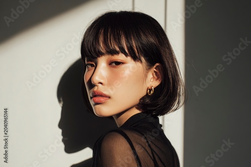 Asian woman posing in dramatic sunlight with hard shadows in a minimalist interior portrait for high-end fashion and beauty editorial marketing