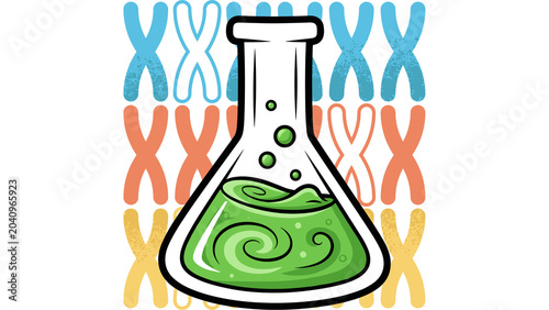 Quadro em tela Erlenmeyer flask with green boiling liquid over colorful chromosomes background