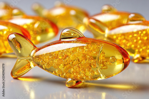 Golden fish-shaped oil capsule on reflective surface with translucent gel beads, health supplement concept