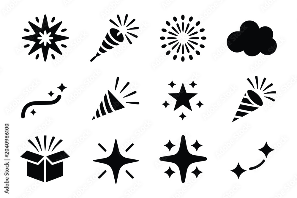 Fototapeta premium Collection of festive celebration including fireworks stars and party poppers in a clean black style