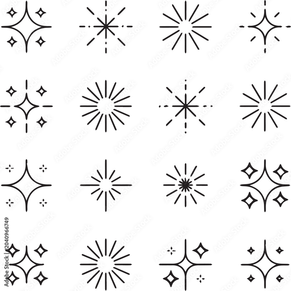Obraz premium Create Minimalist decorative design shine sparkle and starburst line icon set with thin black editable stroke, bling stars sparkles signs no Background