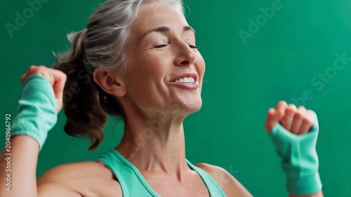 Woman showing excitement after workout at gym during morning session with green wall in background