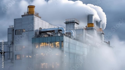 Smoke billows from factory in urban area during early morning hours