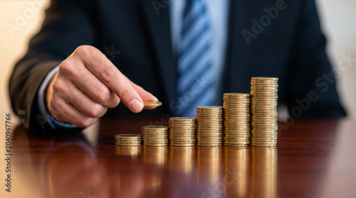 Принти на полотні Businessman in suit adding coin to growing stack of gold coins on wooden table s