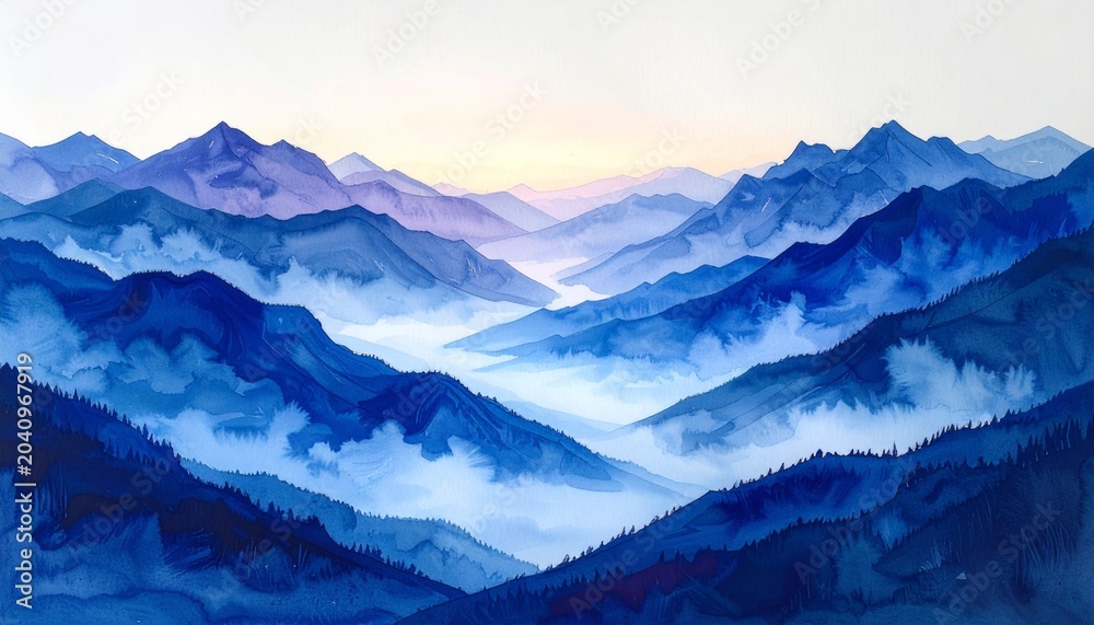 Fototapeta premium Misty Mountain Valley at Dawn – Layered Blue and Purple Fog Landscape Background