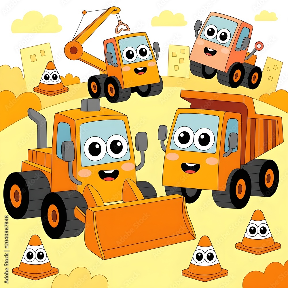Naklejka premium A vibrant and colorful cartoon illustration filled with many cheerful dump trucks and bulldozers with big smiling eyes working hard on a sandy construction site with a tall crane in the background.