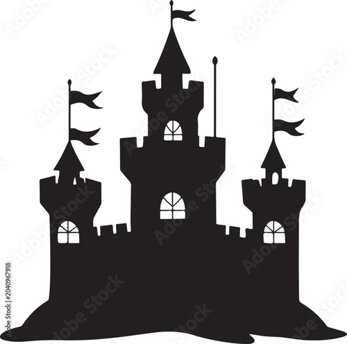 Black Silhouette of a Fairytale Castle with Flags and Towers on a White Background