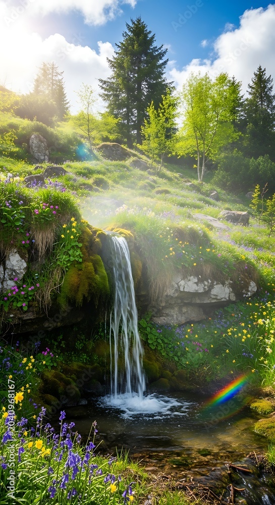Obraz premium Sunlit waterfall cascades through vibrant meadow, lush trees