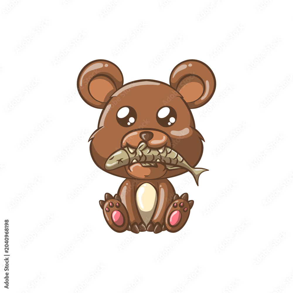 Fototapeta premium Cute doodle Cartoon Bear Holding a Fish in its Mouth Vector Illustration
