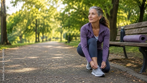 Active senior woman preparing for morning wellness walk