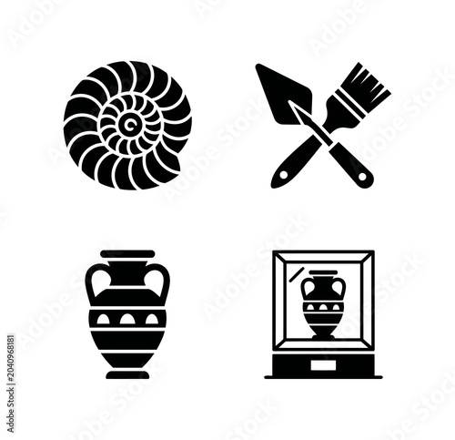 Bilde på lerret Collection of four archaeological icons a fossil, trowel and brush, vase, and di